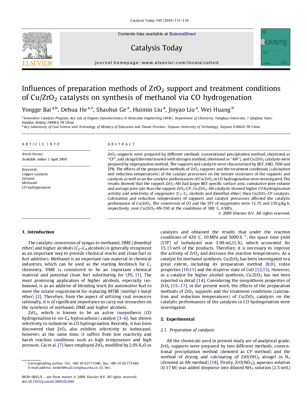 Influences of preparation methods of ZrO2 support and treatment conditions of Cu/ZrO2 catalysts on synthesis of methanol via CO hydrogenation