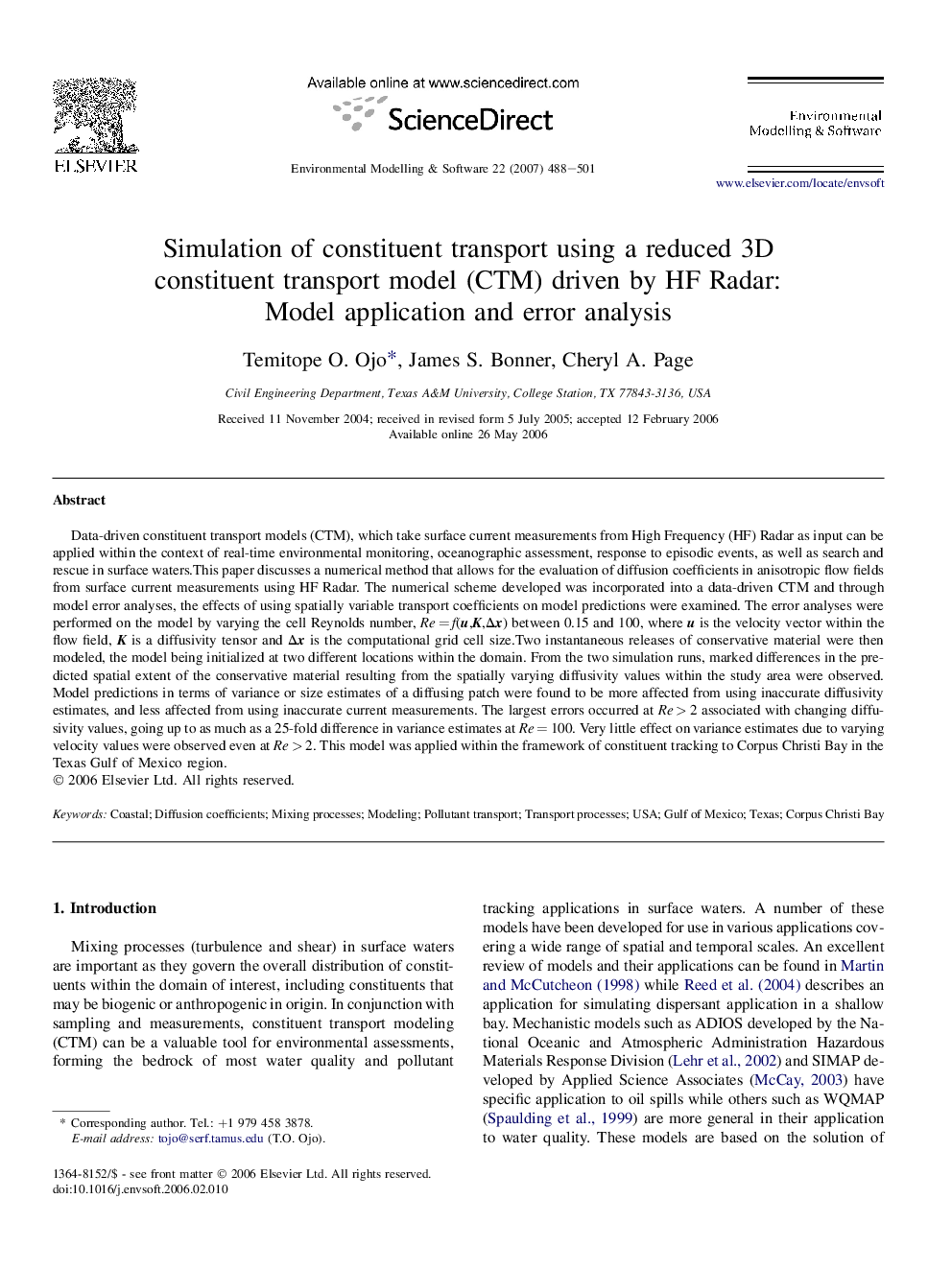 Simulation of constituent transport using a reduced 3D constituent transport model (CTM) driven by HF Radar: Model application and error analysis