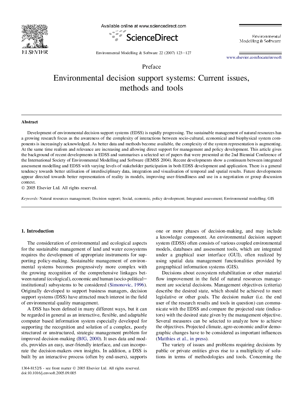 Environmental decision support systems: Current issues, methods and tools