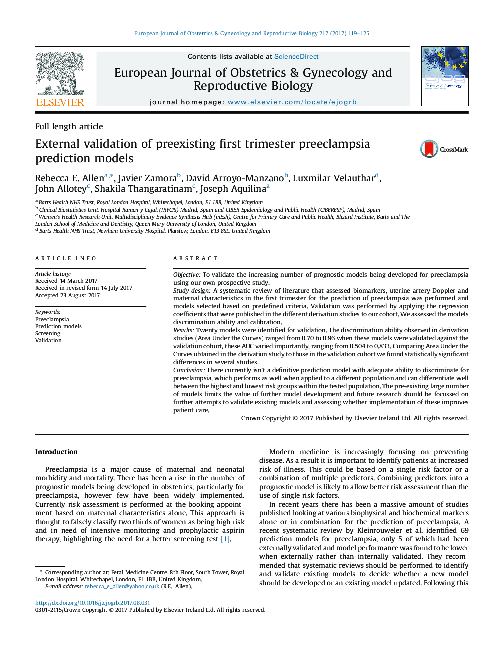 External validation of preexisting first trimester preeclampsia prediction models