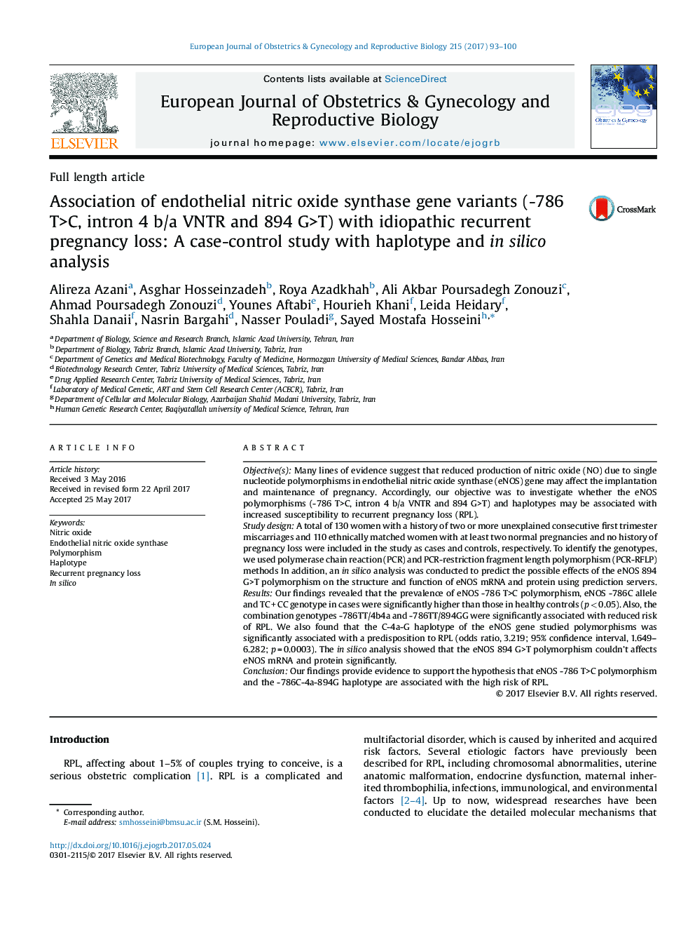 Association of endothelial nitric oxide synthase gene variants (-786 T>C, intron 4 b/a VNTR and 894 G>T) with idiopathic recurrent pregnancy loss: A case-control study with haplotype and in silico analysis