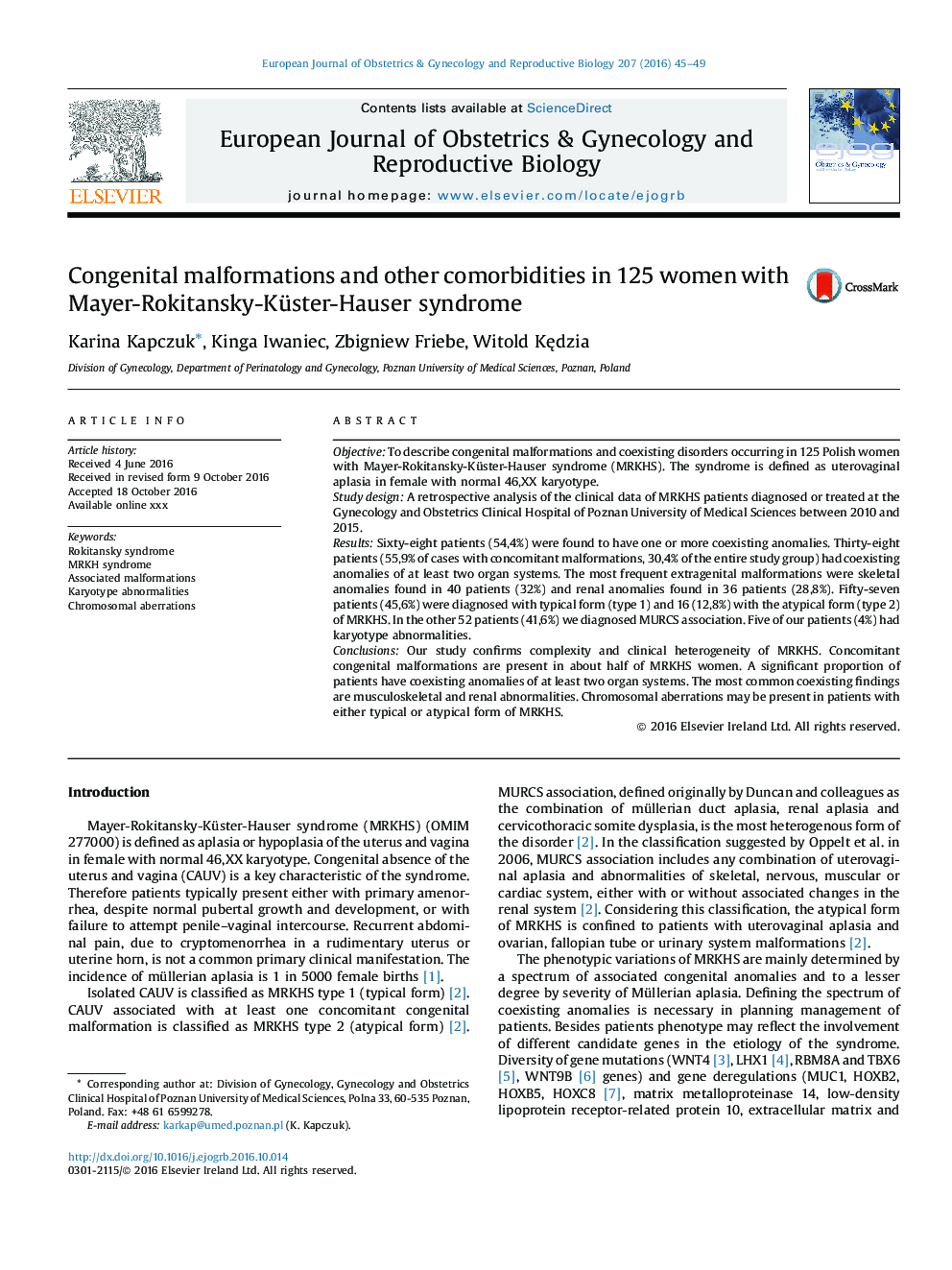 Congenital malformations and other comorbidities in 125 women with Mayer-Rokitansky-Küster-Hauser syndrome