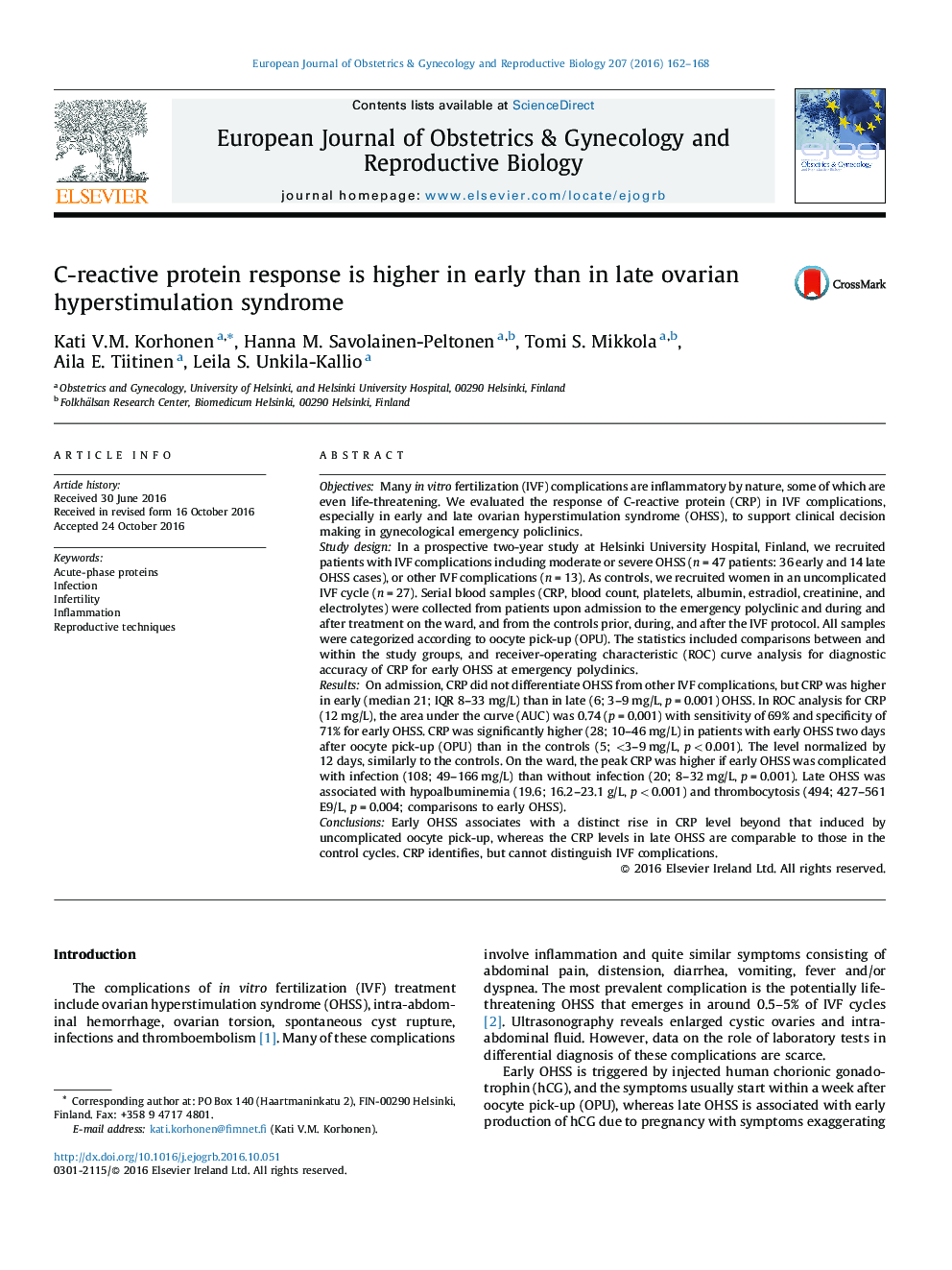 C-reactive protein response is higher in early than in late ovarian hyperstimulation syndrome