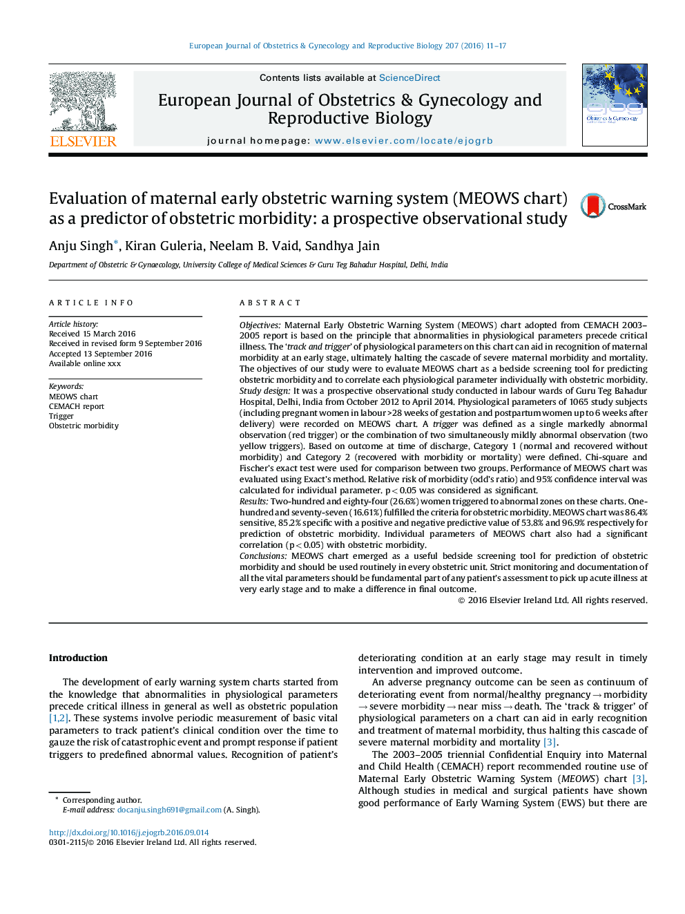 Evaluation of maternal early obstetric warning system (MEOWS chart) as a predictor of obstetric morbidity: a prospective observational study