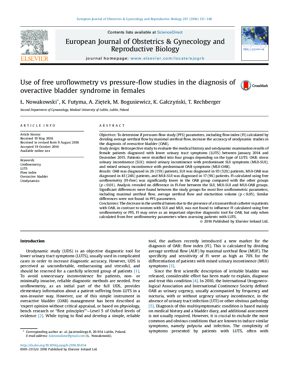 Use of free uroflowmetry vs pressure-flow studies in the diagnosis of overactive bladder syndrome in females