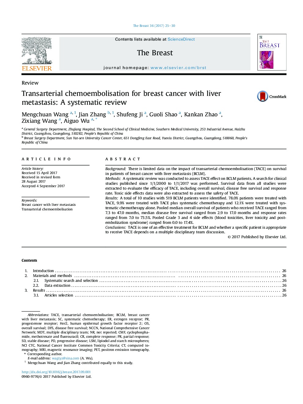 Transarterial chemoembolisation for breast cancer with liver metastasis: A systematic review