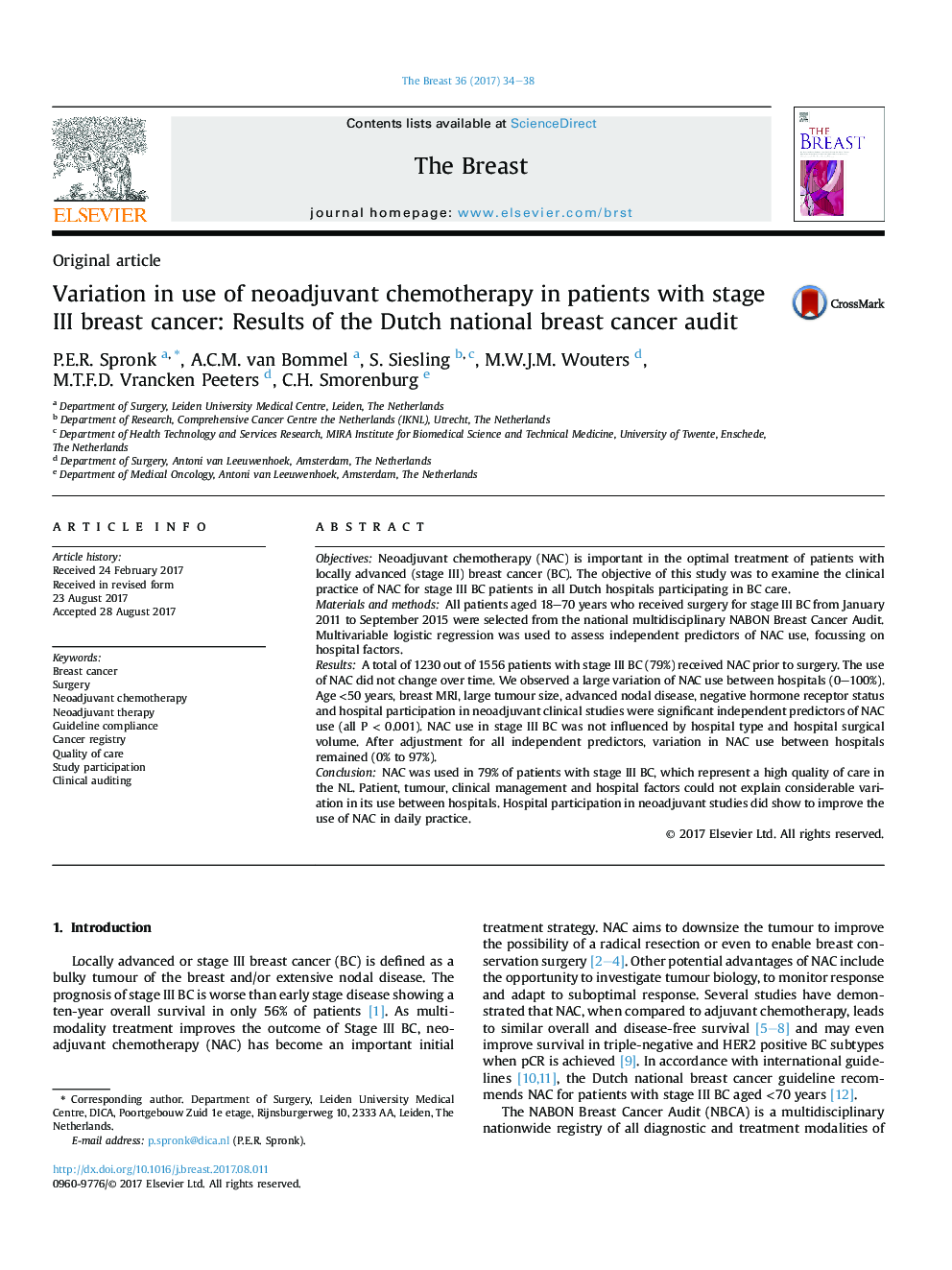 Variation in use of neoadjuvant chemotherapy in patients with stage III breast cancer: Results of the Dutch national breast cancer audit