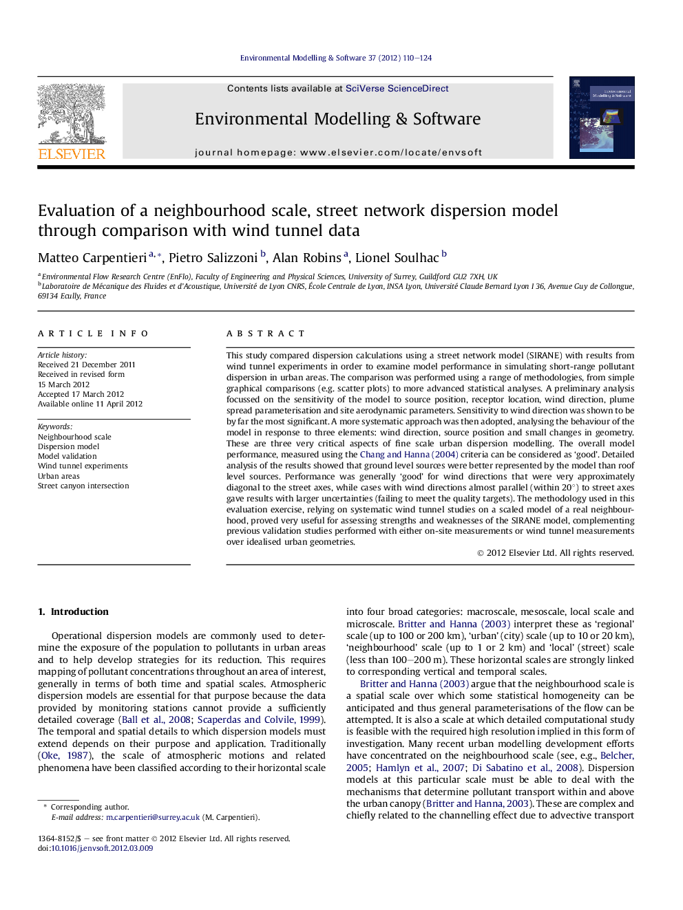 Evaluation of a neighbourhood scale, street network dispersion model through comparison with wind tunnel data