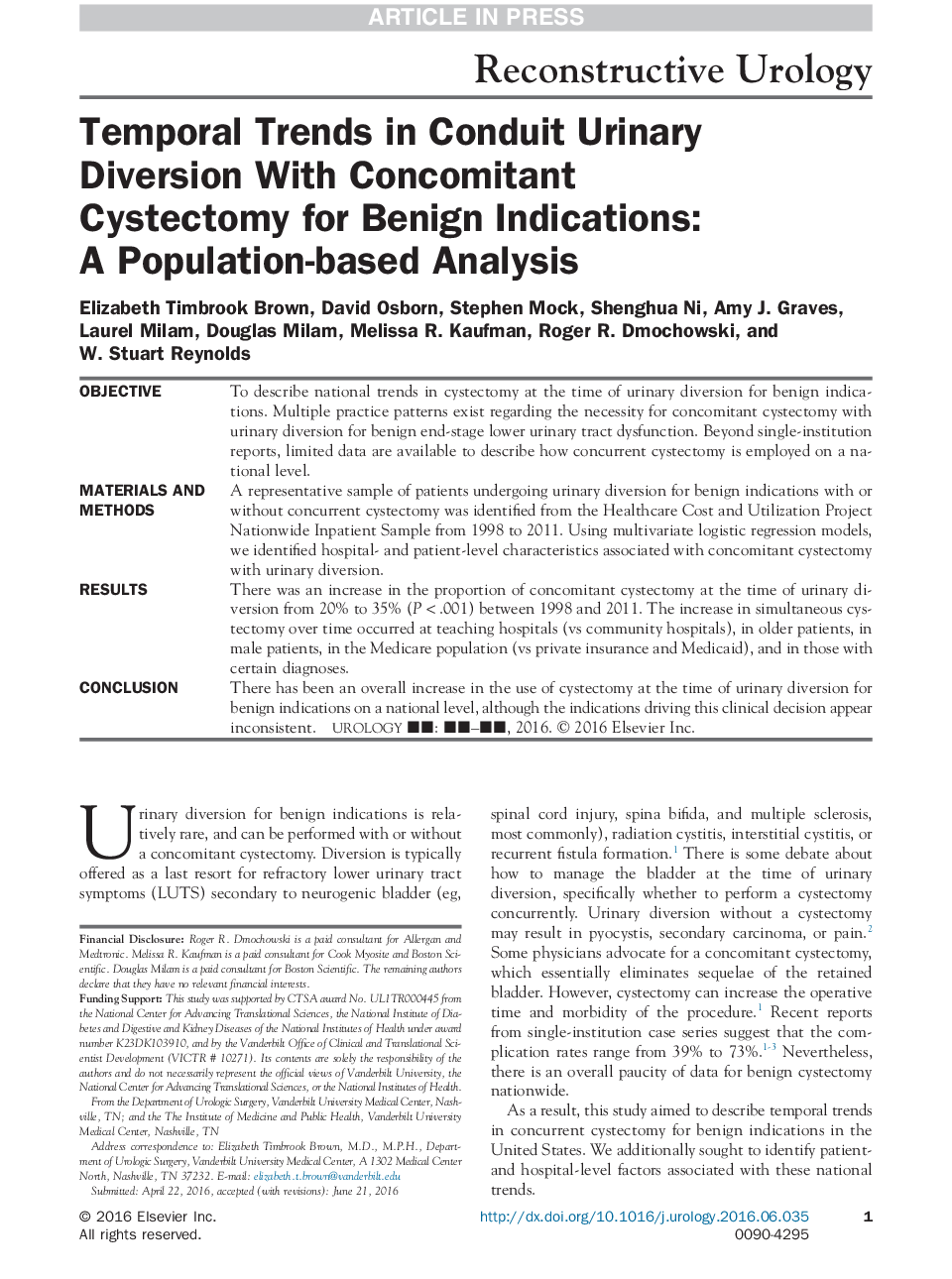 Temporal Trends in Conduit Urinary Diversion With Concomitant Cystectomy for Benign Indications: A Population-based Analysis