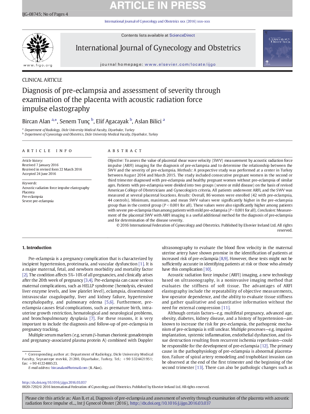 Diagnosis of pre-eclampsia and assessment of severity through examination of the placenta with acoustic radiation force impulse elastography