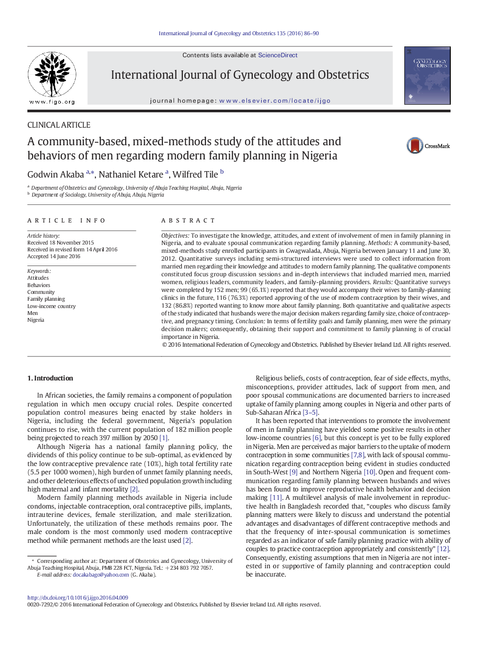 A community-based, mixed-methods study of the attitudes and behaviors of men regarding modern family planning in Nigeria