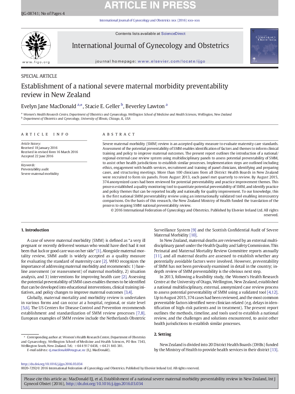 Establishment of a national severe maternal morbidity preventability review in New Zealand