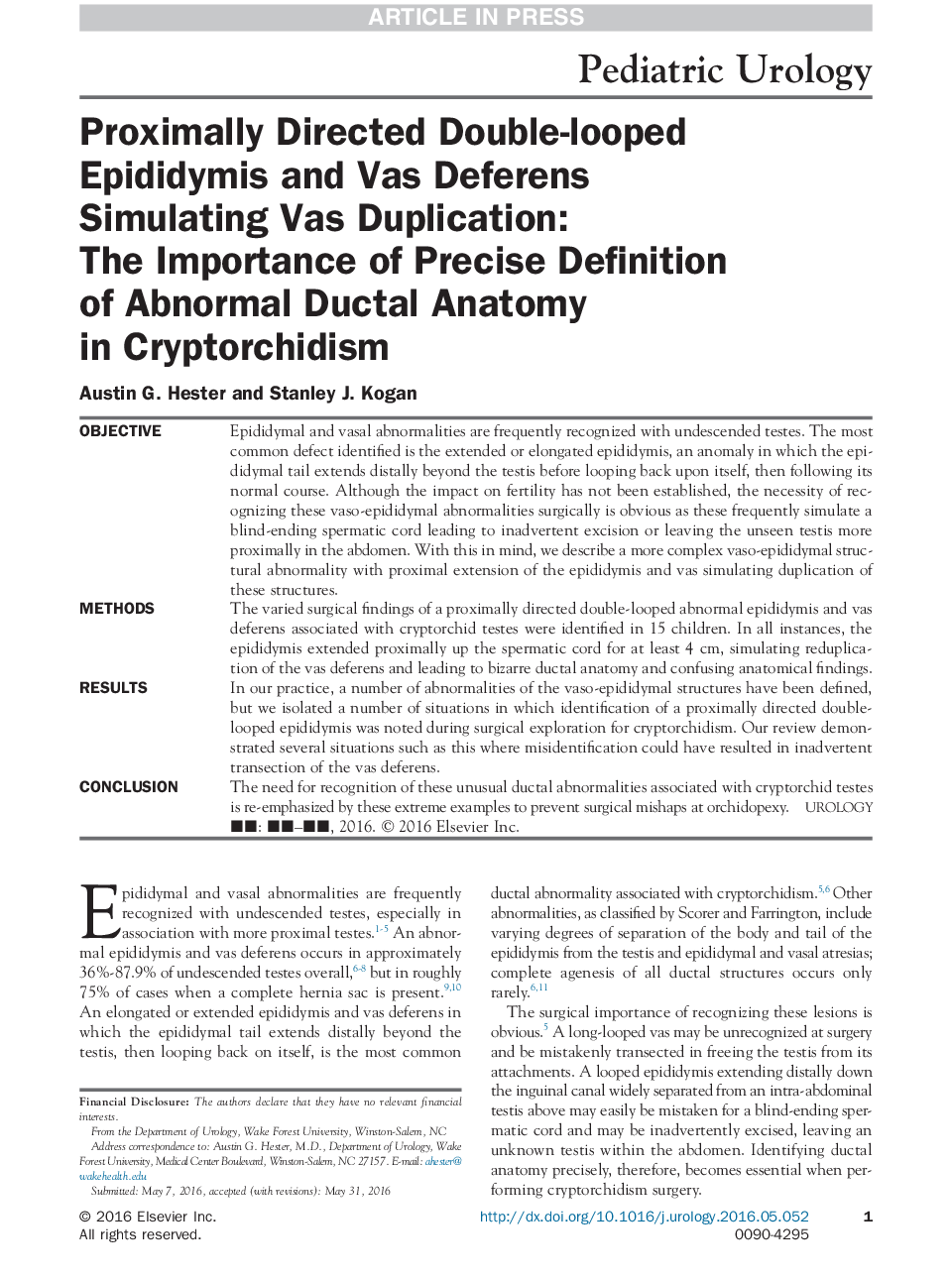 Proximally Directed Double-looped Epididymis and Vas Deferens Simulating Vas Duplication: The Importance of Precise Definition of Abnormal Ductal Anatomy in Cryptorchidism