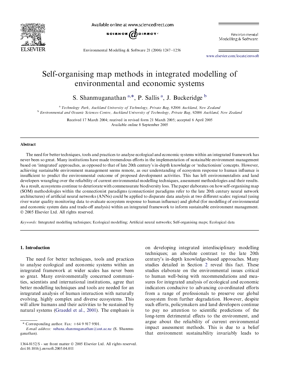 Self-organising map methods in integrated modelling of environmental and economic systems