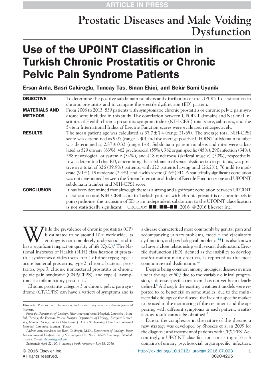 Use of the UPOINT Classification in Turkish Chronic Prostatitis or Chronic Pelvic Pain Syndrome Patients