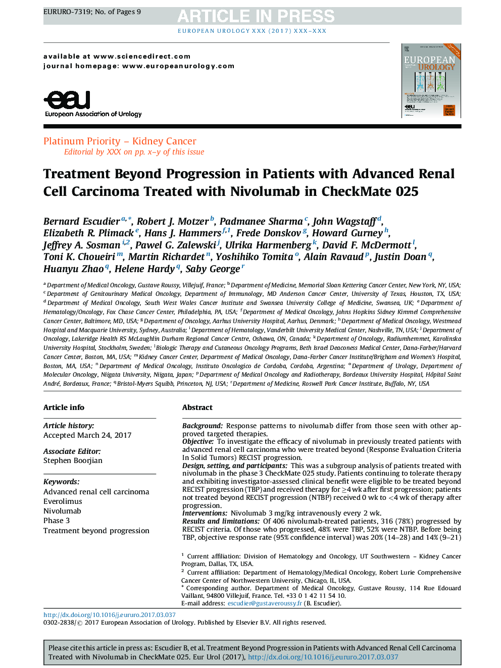 Treatment Beyond Progression in Patients with Advanced Renal Cell Carcinoma Treated with Nivolumab in CheckMate 025