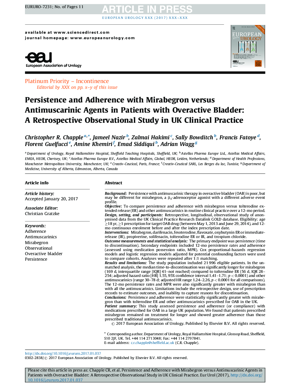 Persistence and Adherence with Mirabegron versus Antimuscarinic Agents in Patients with Overactive Bladder: A Retrospective Observational Study in UK Clinical Practice