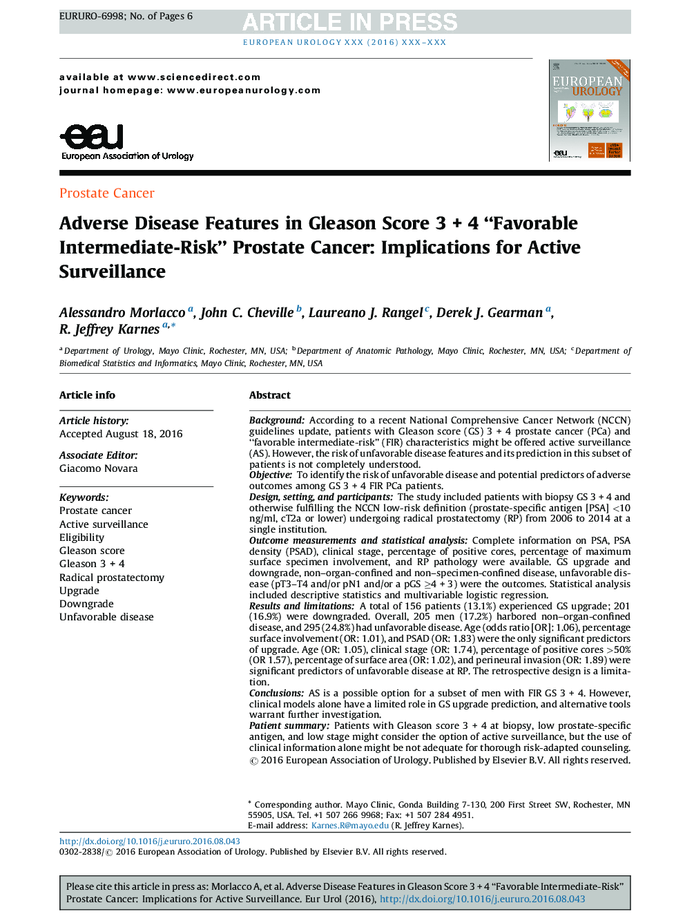 Adverse Disease Features in Gleason Score 3 + 4 “Favorable Intermediate-Risk” Prostate Cancer: Implications for Active Surveillance