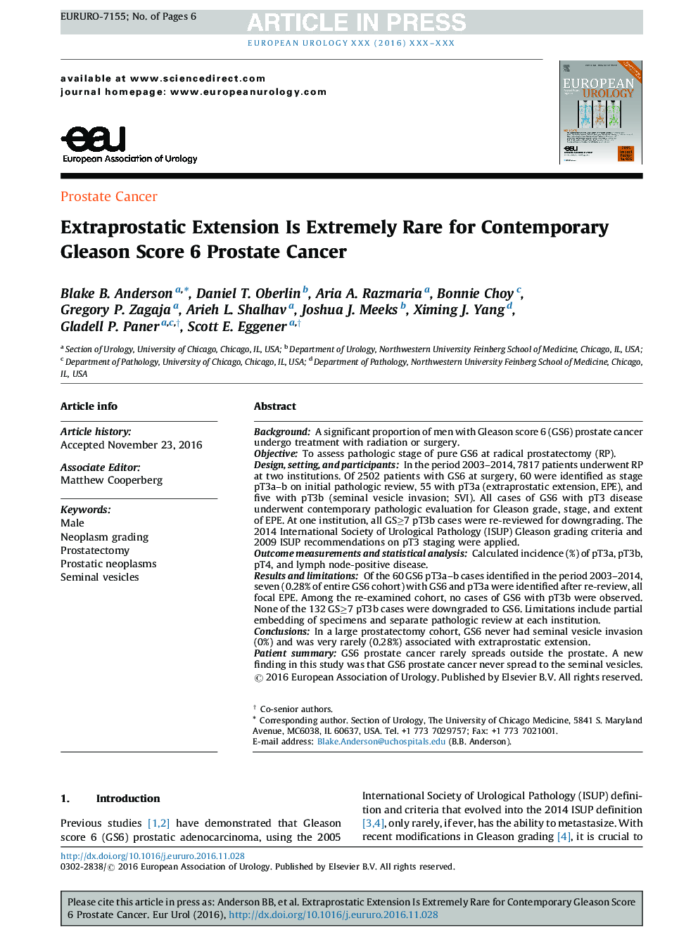 Extraprostatic Extension Is Extremely Rare for Contemporary Gleason Score 6 Prostate Cancer