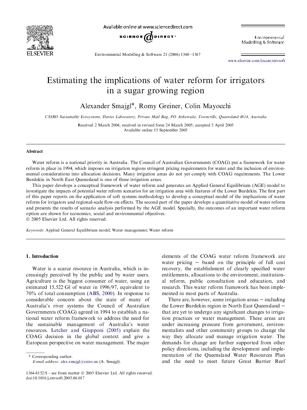 Estimating the implications of water reform for irrigators in a sugar growing region