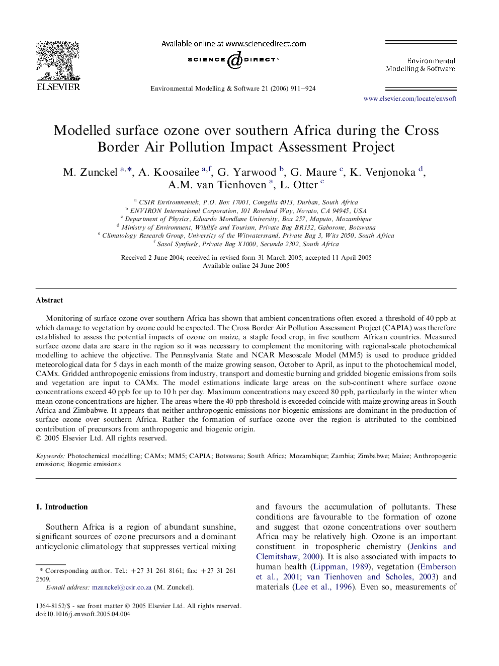 Modelled surface ozone over southern Africa during the Cross Border Air Pollution Impact Assessment Project