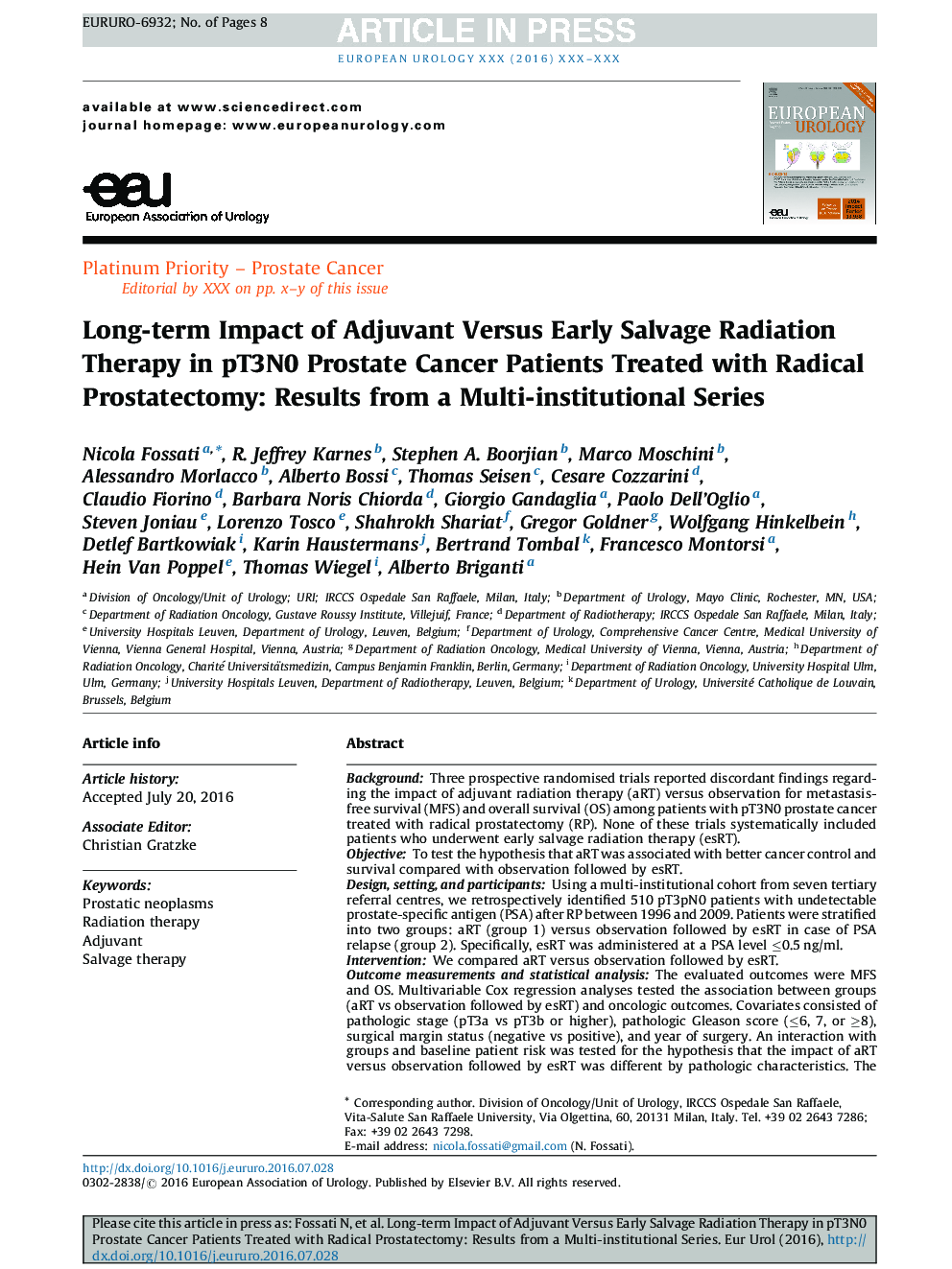 Long-term Impact of Adjuvant Versus Early Salvage Radiation Therapy in pT3N0 Prostate Cancer Patients Treated with Radical Prostatectomy: Results from a Multi-institutional Series