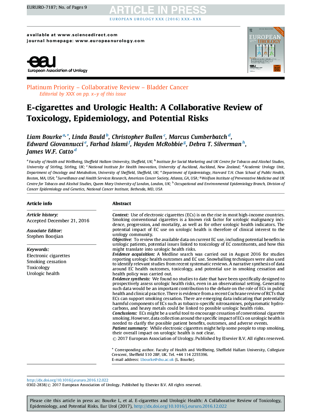 E-cigarettes and Urologic Health: A Collaborative Review of Toxicology, Epidemiology, and Potential Risks