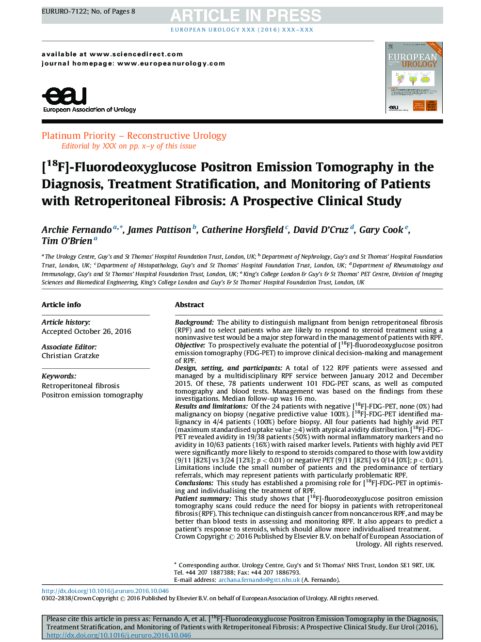 [18F]-Fluorodeoxyglucose Positron Emission Tomography in the Diagnosis, Treatment Stratification, and Monitoring of Patients with Retroperitoneal Fibrosis: A Prospective Clinical Study