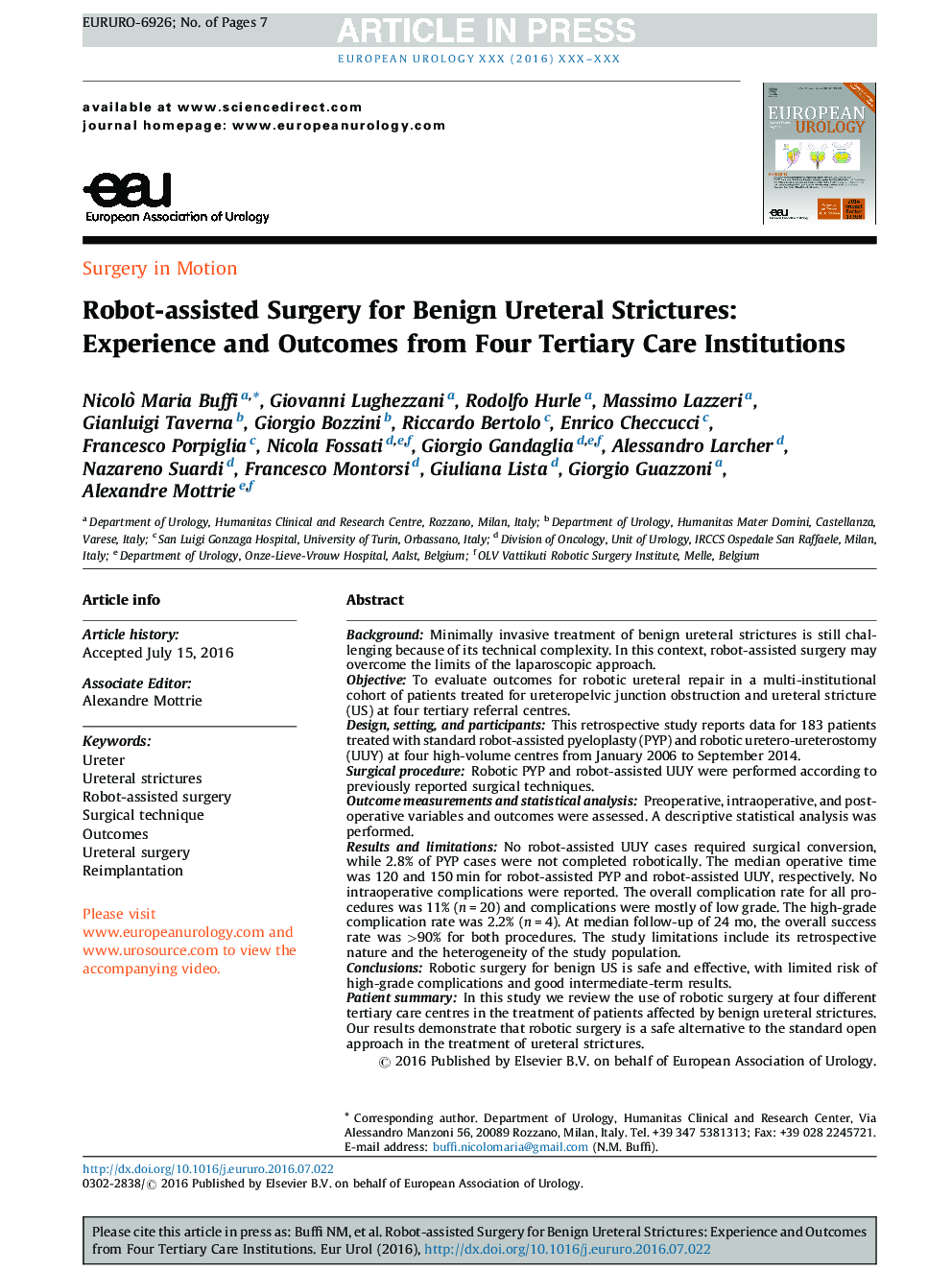 Robot-assisted Surgery for Benign Ureteral Strictures: Experience and Outcomes from Four Tertiary Care Institutions