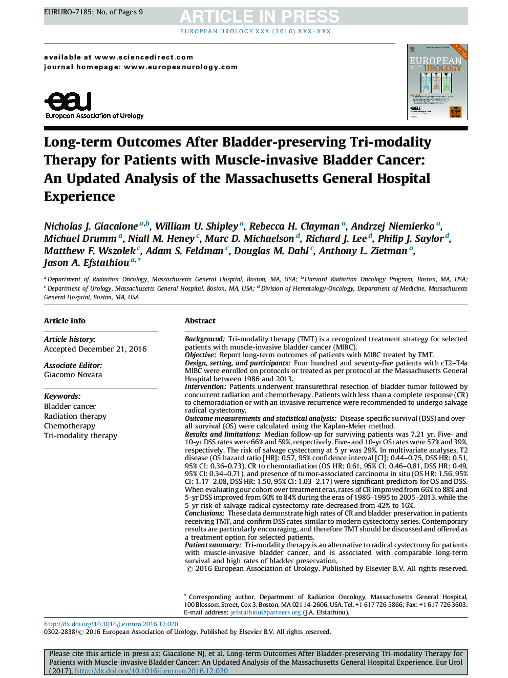 Long-term Outcomes After Bladder-preserving Tri-modality Therapy for Patients with Muscle-invasive Bladder Cancer: An Updated Analysis of the Massachusetts General Hospital Experience