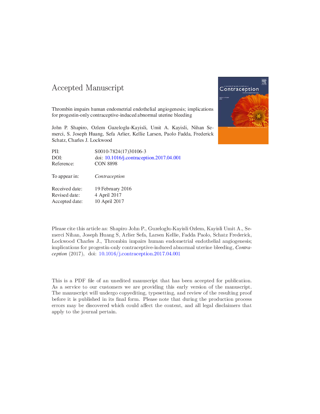 Thrombin impairs human endometrial endothelial angiogenesis; implications for progestin-only contraceptive-induced abnormal uterine bleeding