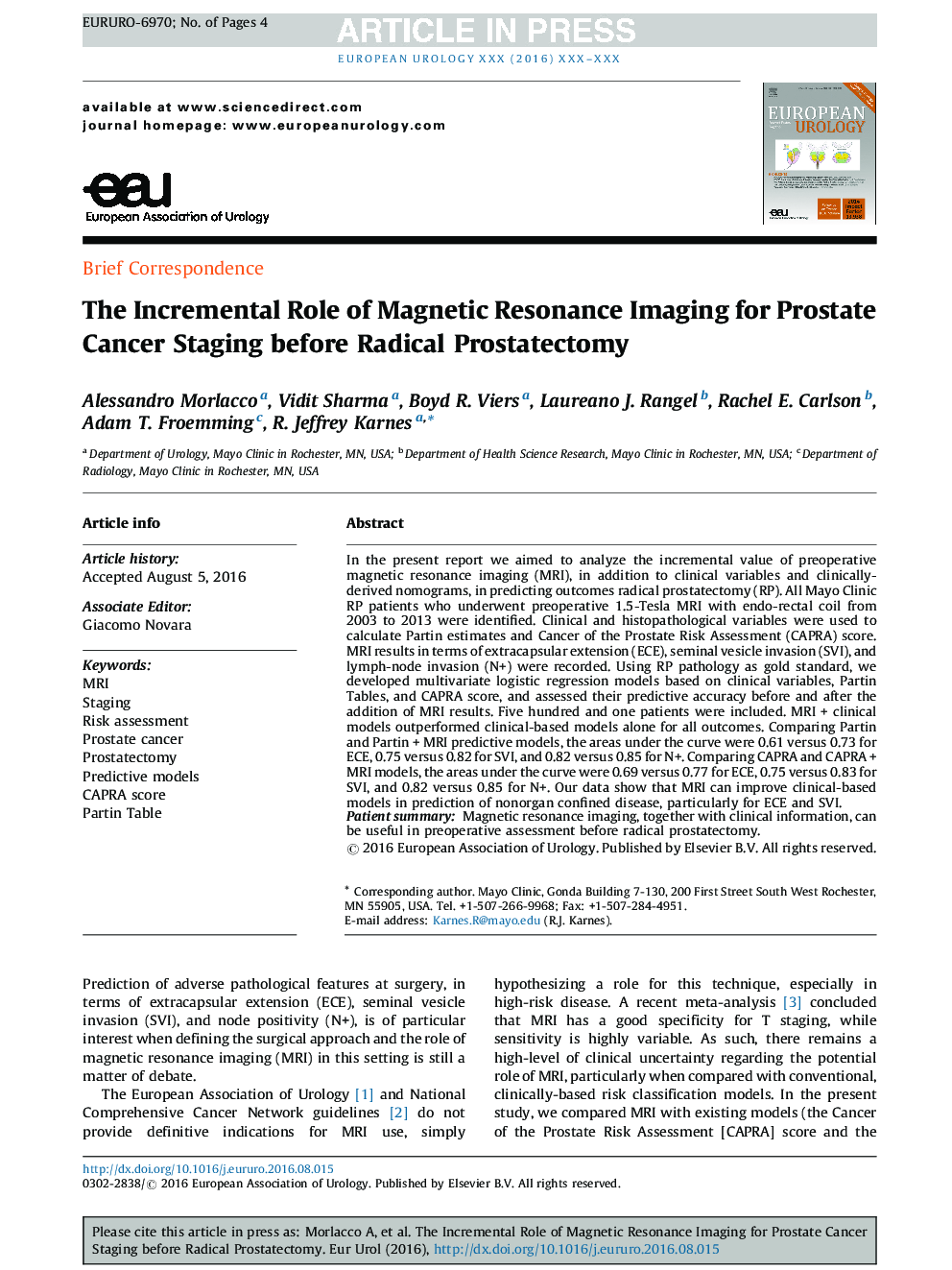 The Incremental Role of Magnetic Resonance Imaging for Prostate Cancer Staging before Radical Prostatectomy