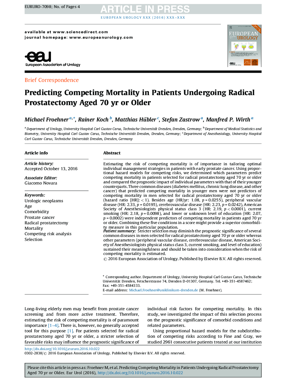 Predicting Competing Mortality in Patients Undergoing Radical Prostatectomy Aged 70 yr or Older