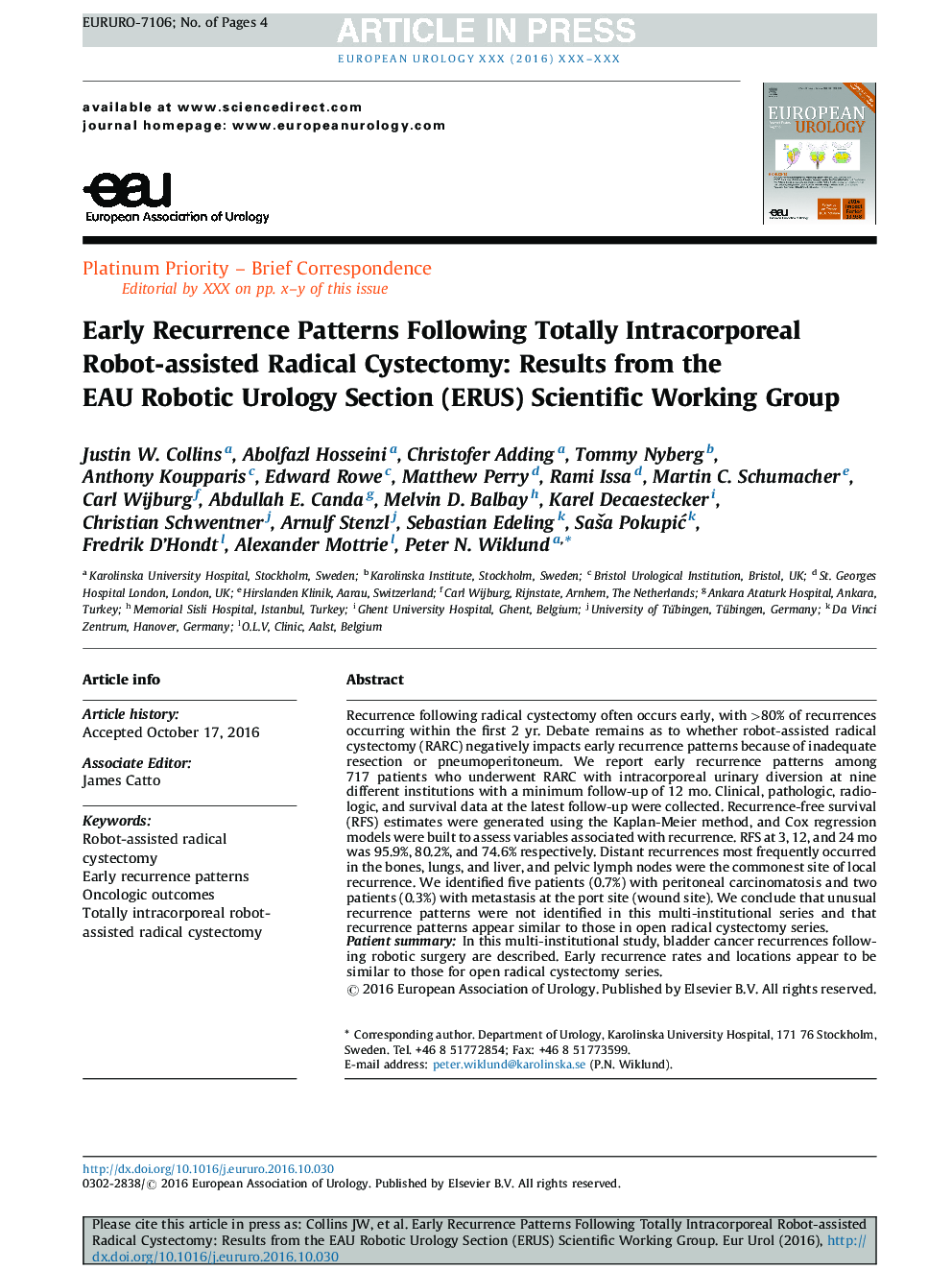 Early Recurrence Patterns Following Totally Intracorporeal Robot-assisted Radical Cystectomy: Results from the EAU Robotic Urology Section (ERUS) Scientific Working Group