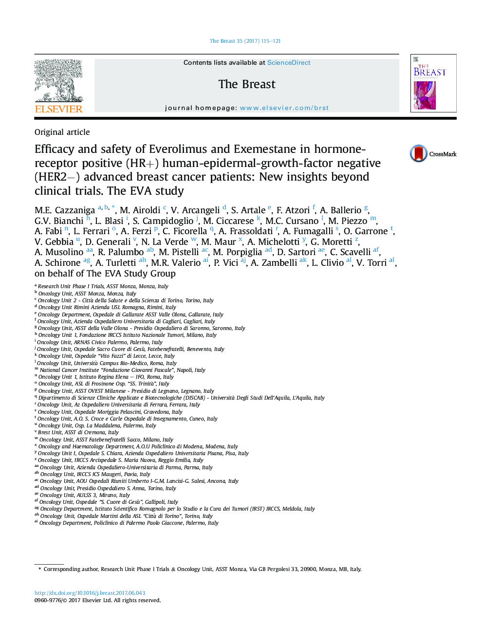 Efficacy and safety of Everolimus and Exemestane in hormone-receptor positive (HR+) human-epidermal-growth-factor negative (HER2â) advanced breast cancer patients: New insights beyond clinical trials. The EVA study