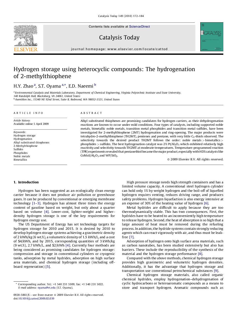 Hydrogen storage using heterocyclic compounds: The hydrogenation of 2-methylthiophene