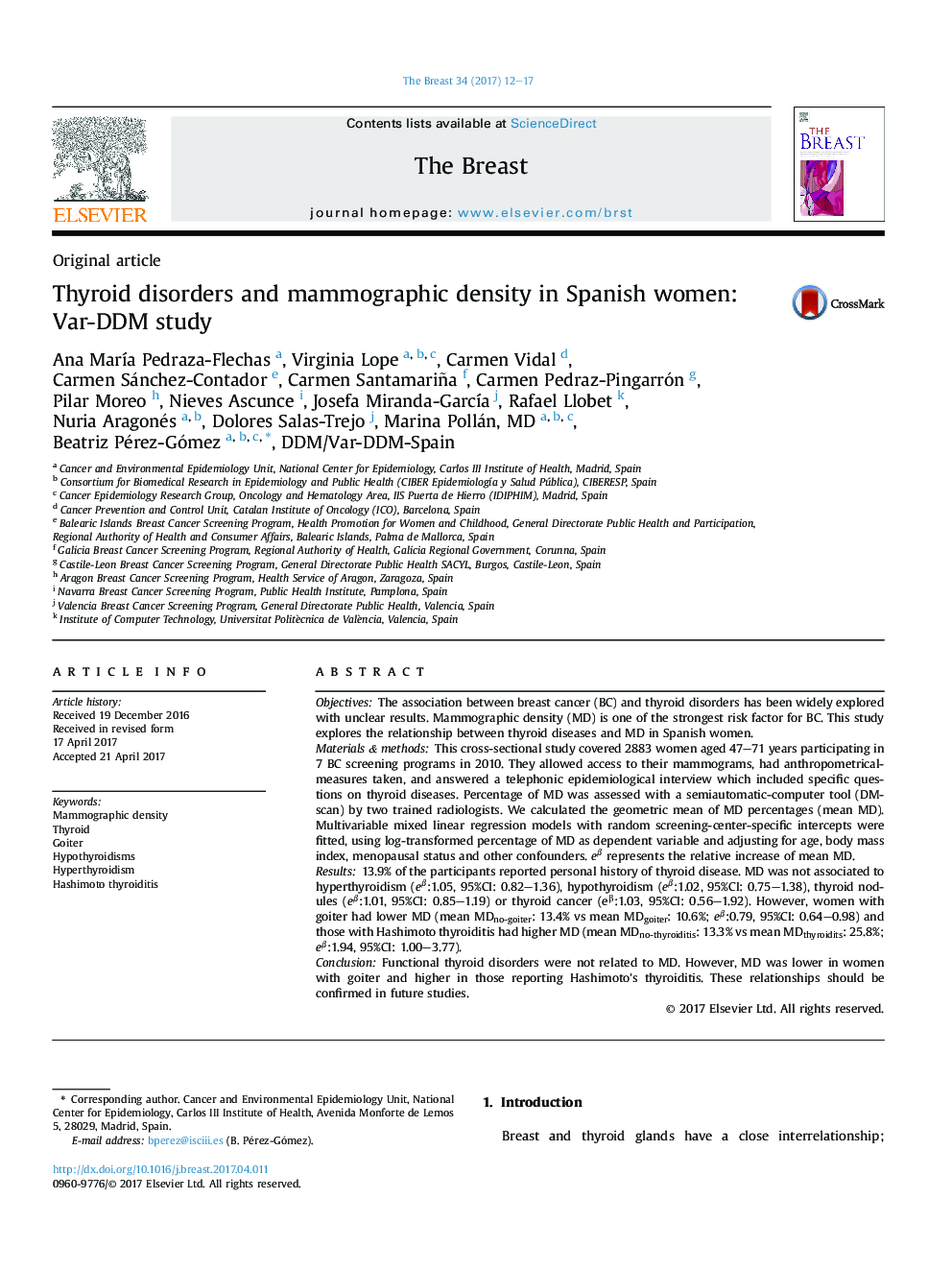 Thyroid disorders and mammographic density in Spanish women: Var-DDM study