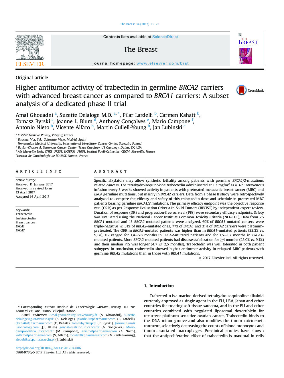 Higher antitumor activity of trabectedin in germline BRCA2 carriers with advanced breast cancer as compared to BRCA1 carriers: A subset analysis of a dedicated phase II trial