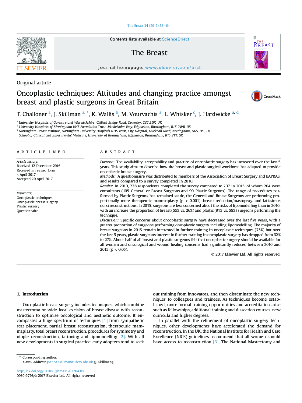 Oncoplastic techniques: Attitudes and changing practice amongst breast and plastic surgeons in Great Britain