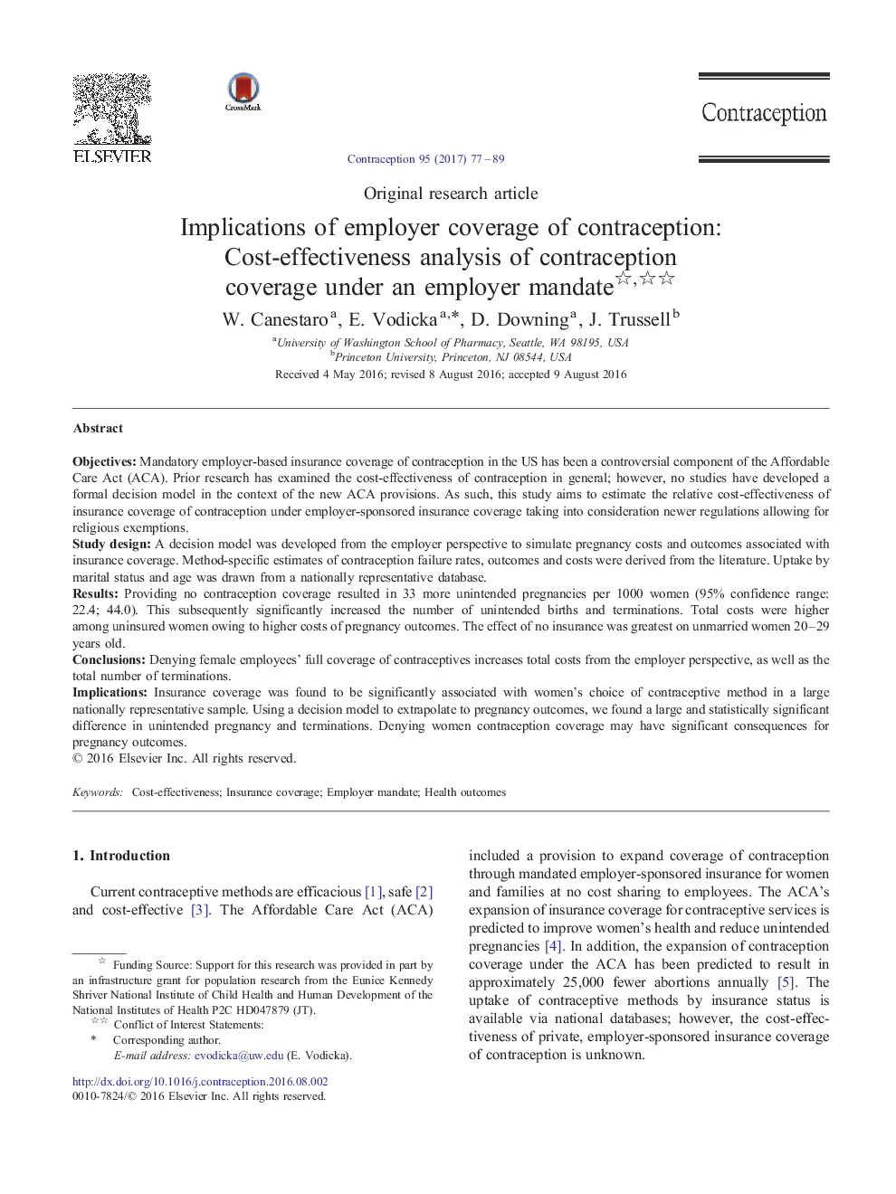 Implications of employer coverage of contraception: Costâeffectiveness analysis of contraception coverage under an employer mandate