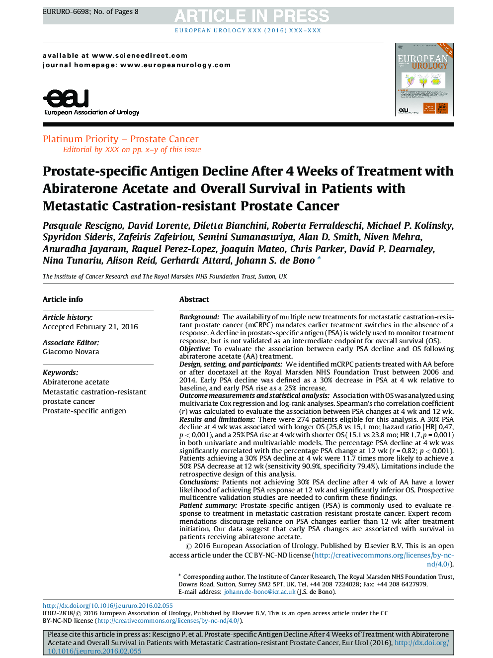 Prostate-specific Antigen Decline After 4 Weeks of Treatment with Abiraterone Acetate and Overall Survival in Patients with Metastatic Castration-resistant Prostate Cancer