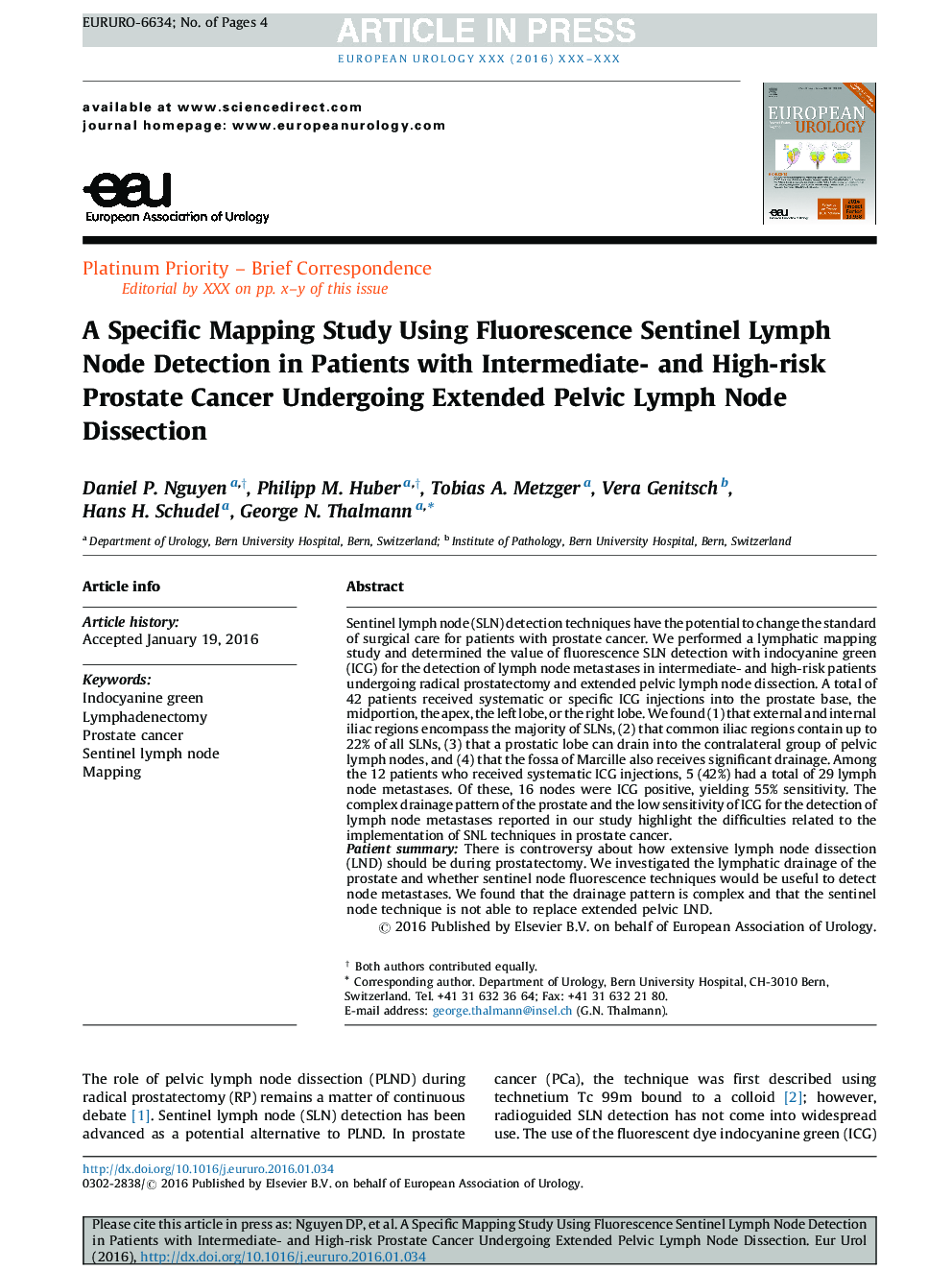 A Specific Mapping Study Using Fluorescence Sentinel Lymph Node Detection in Patients with Intermediate- and High-risk Prostate Cancer Undergoing Extended Pelvic Lymph Node Dissection