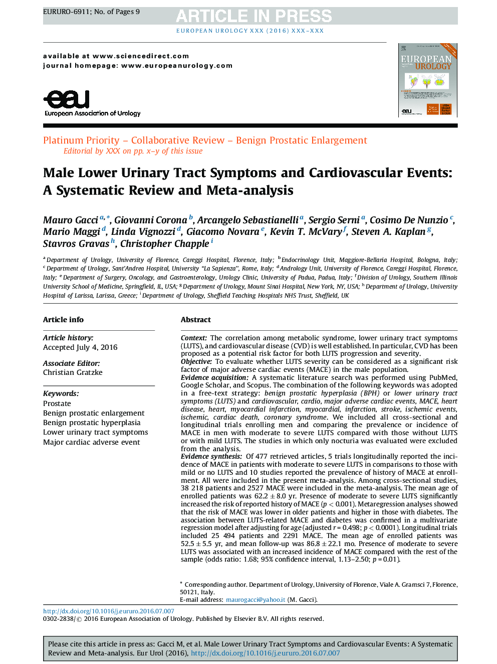 نشانه های دستگاه ادراری در مردان و رویدادهای قلب و عروق: یک بررسی منظم و متاآنالیز 