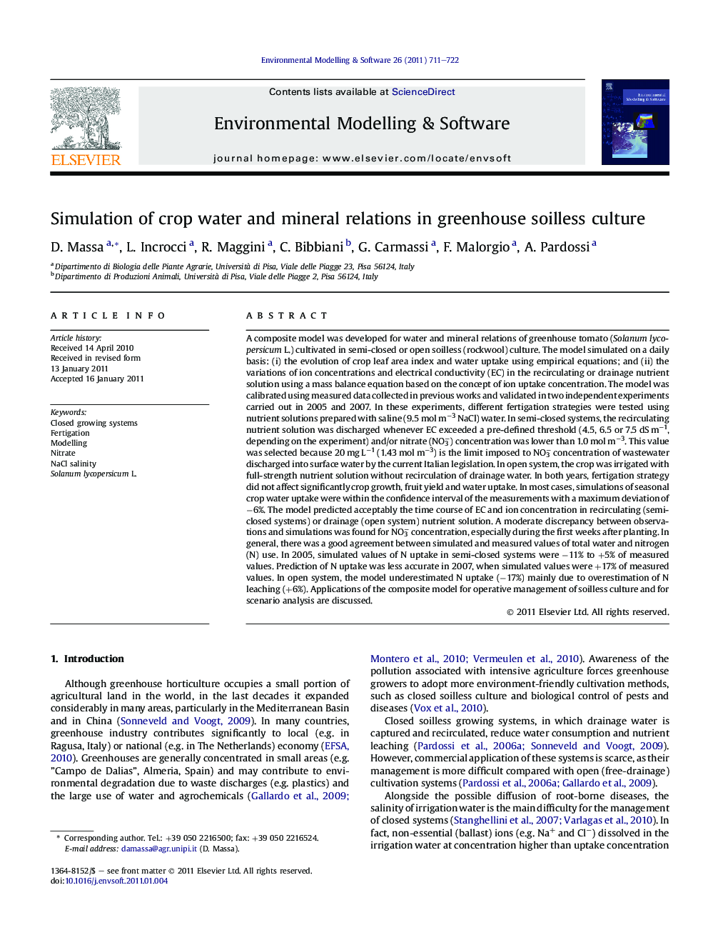 Simulation of crop water and mineral relations in greenhouse soilless culture