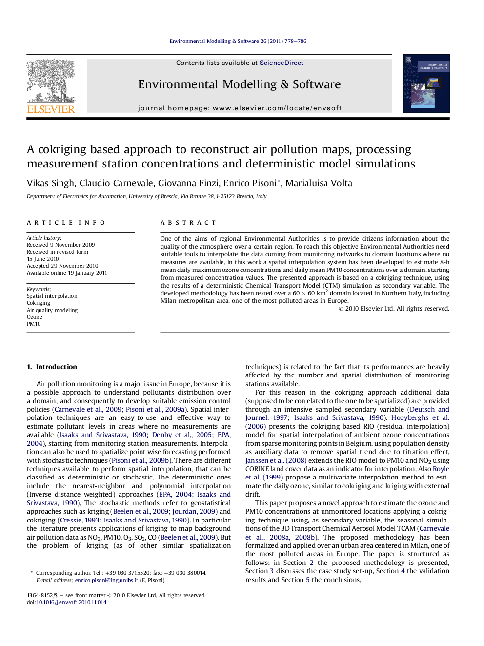 A cokriging based approach to reconstruct air pollution maps, processing measurement station concentrations and deterministic model simulations