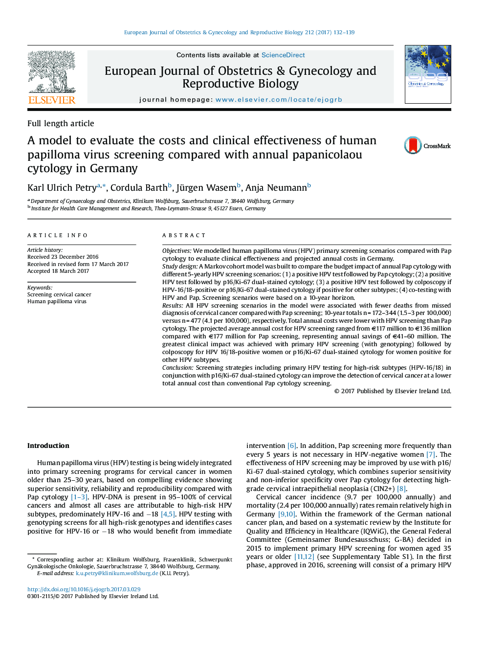 A model to evaluate the costs and clinical effectiveness of human papilloma virus screening compared with annual papanicolaou cytology in Germany