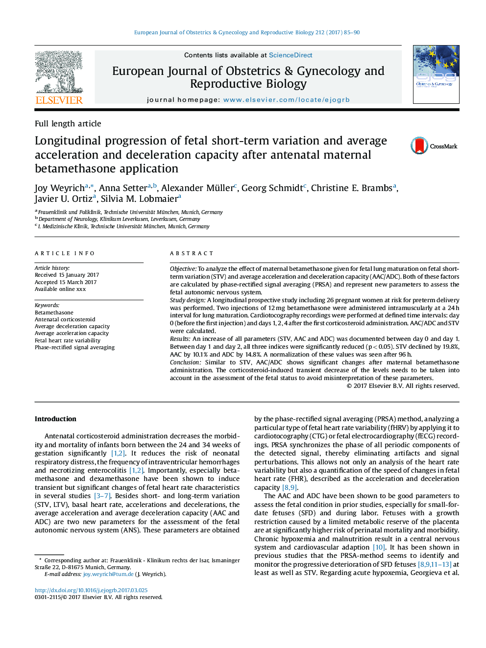 Longitudinal progression of fetal short-term variation and average acceleration and deceleration capacity after antenatal maternal betamethasone application