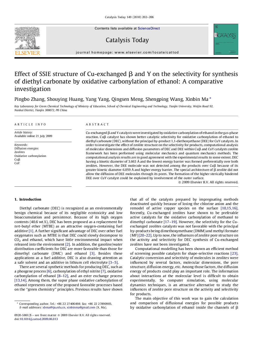 Effect of SSIE structure of Cu-exchanged β and Y on the selectivity for synthesis of diethyl carbonate by oxidative carbonylation of ethanol: A comparative investigation