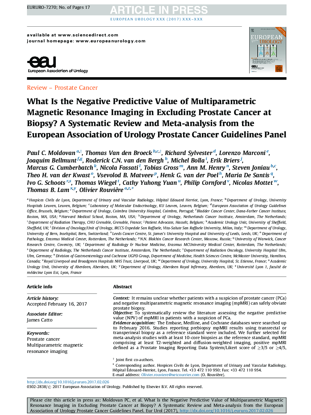 What Is the Negative Predictive Value of Multiparametric Magnetic Resonance Imaging in Excluding Prostate Cancer at Biopsy? A Systematic Review and Meta-analysis from the European Association of Urology Prostate Cancer Guidelines Panel