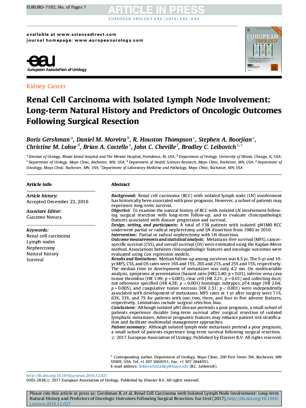 کارسینوم سلولی کلیوی با مشارکت گره های لنفاوی جدا شده: تاریخچه طبیعی طولانی مدت و پیش بینی های نتایج انکولوژیک پس از عمل جراحی 